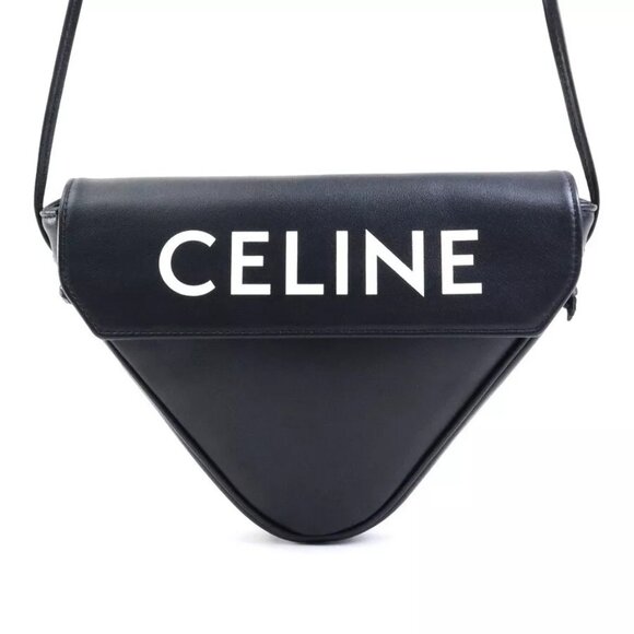 Auth CELINE Triangle Shoulder Bag Black Leather - - Picture 1 of 13
